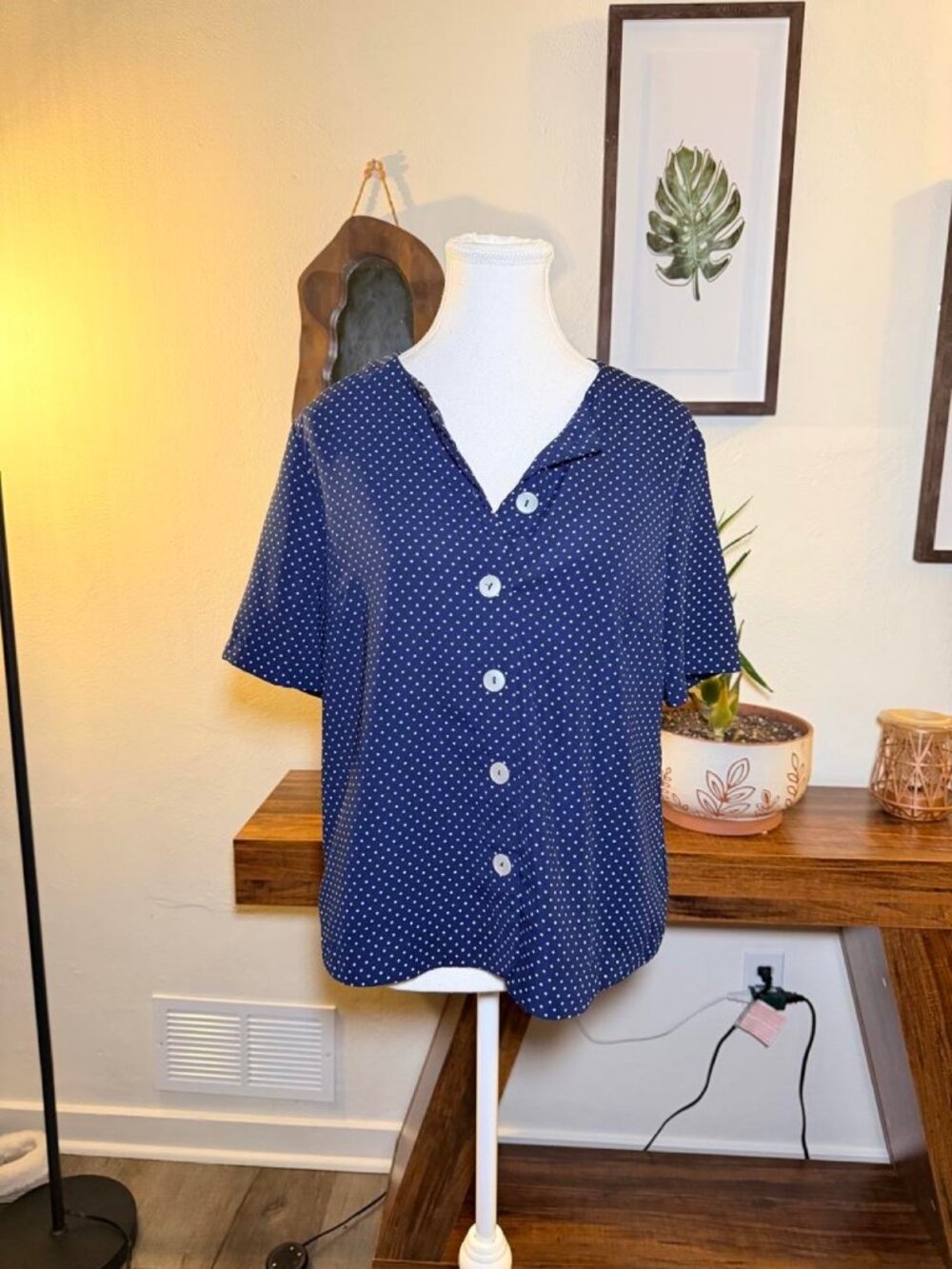 Navy Blue Polka Dot Button Up Blouse Vintage Minimalist Office Short Sleeve M